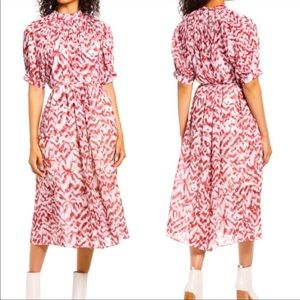 BCBG puff sleeve  chiffon flowy midi dress w/tie waist